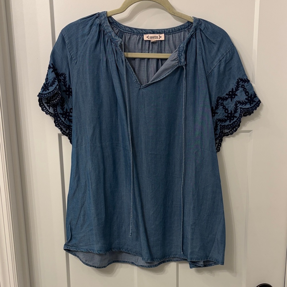 Denim Blue Blouse with Navy Embroidery